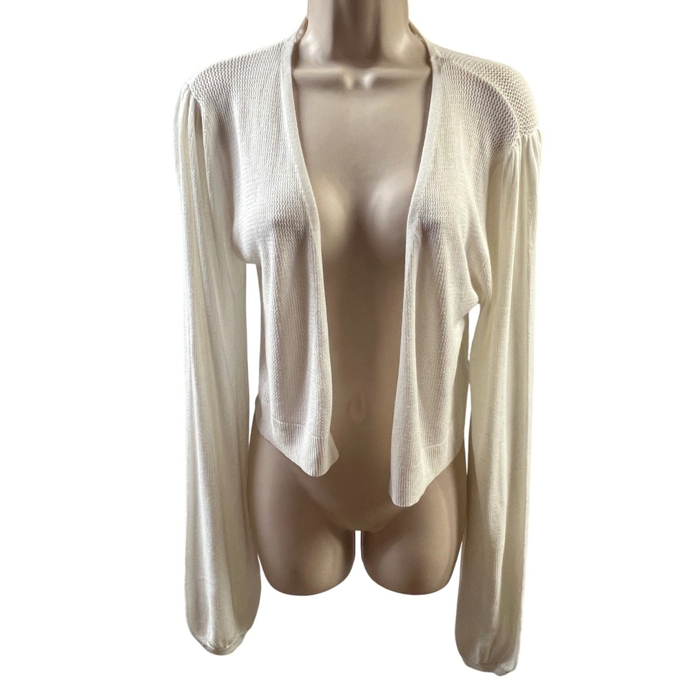 Nine West Cardigan Sweater S White Open Front Balloon Sleeve Cropped Shrug New - Picture 2 of 8